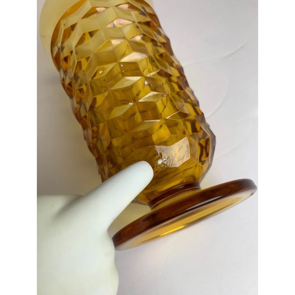 Vintage 70s Amber‎ Glass Footed Tumbler Geometric Cube Pattern Mid Century Retro